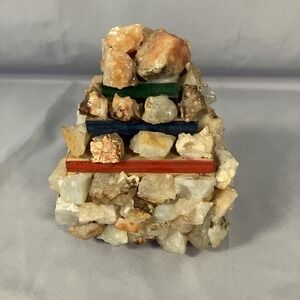 Handmade Stone Quartz Rock Encrusted Pyramid Trinket Jewelry Box Wood Keepsake